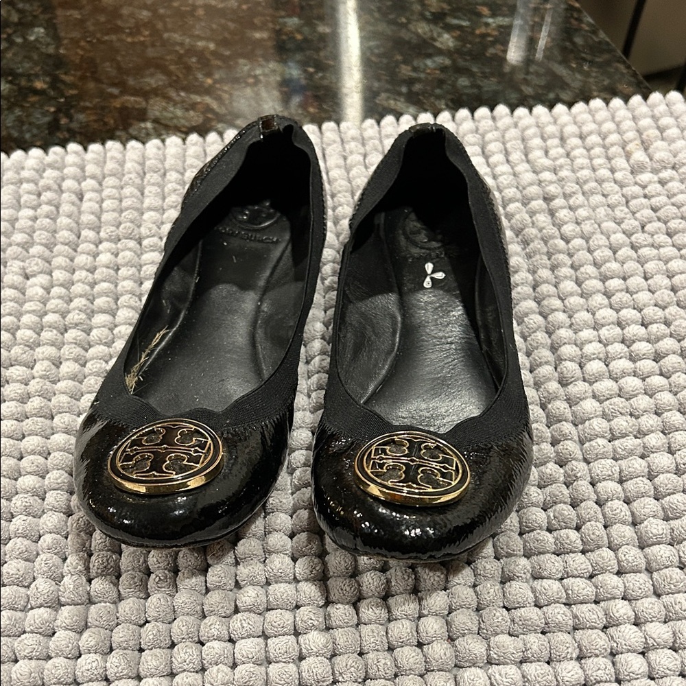 Tory Burch Black Flats with Gold Emblem